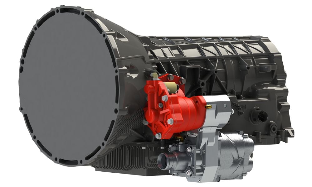 DTM70 pto air compressor on Ford transmission, angle view