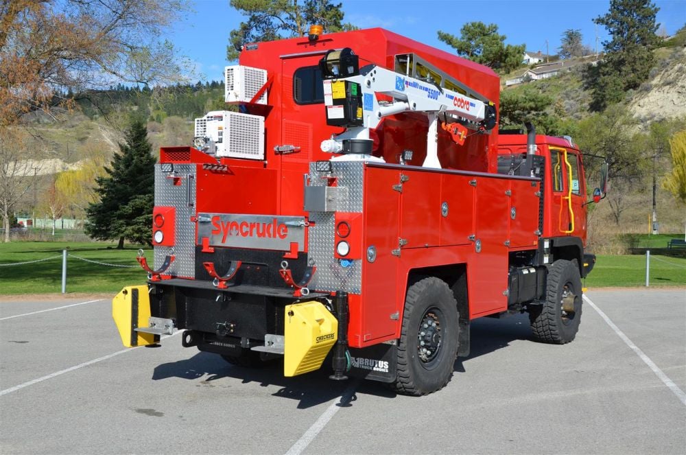 H40 hydraulic air compressor on red Brutus truck body with crane